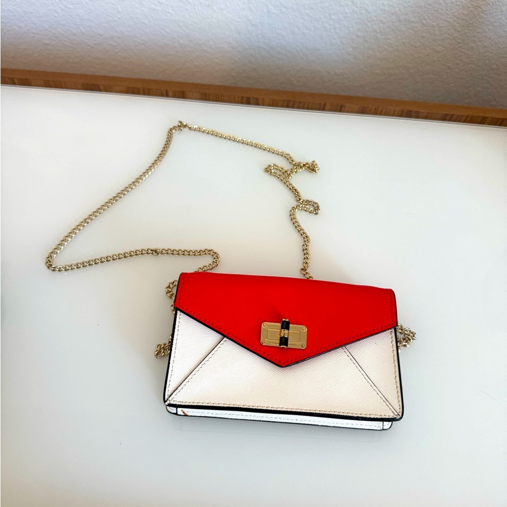 Diane Von Furstenberg Red and White Clutch with Gold Chain